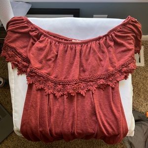 Paper & Tee Dark Red Flowy Off the Shoulder Blouse